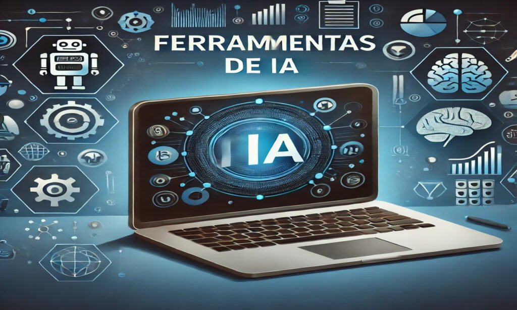 "Ferramentas de IA" e um computador portátil numa mesa.