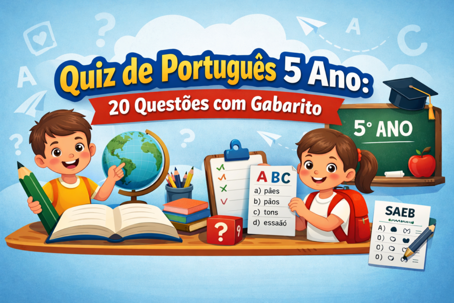 Quiz de português 5º ano com 20 questões interativas de gramática, ortografia e interpretação para alunos e professores.